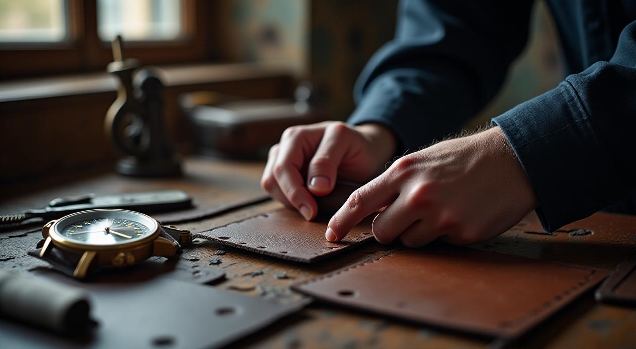 Dark and moody close-up of premium leather craftsmanship tools and a vintage compass