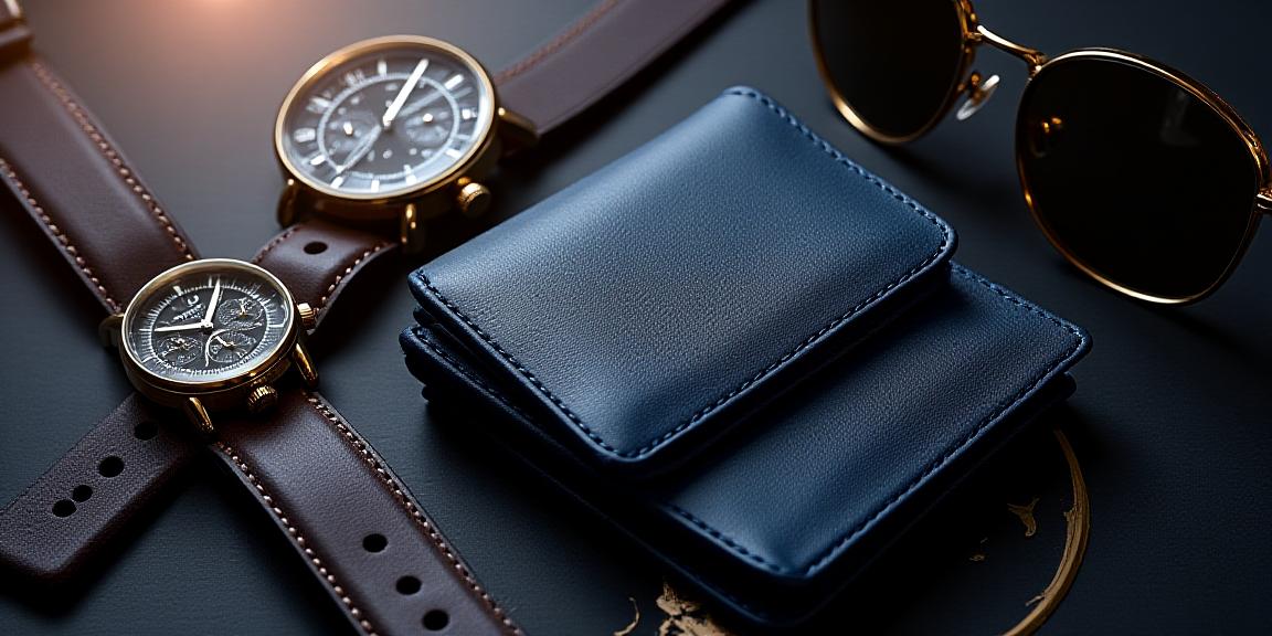Close up of a luxury leather wallet and watch on a dark wooden surface
