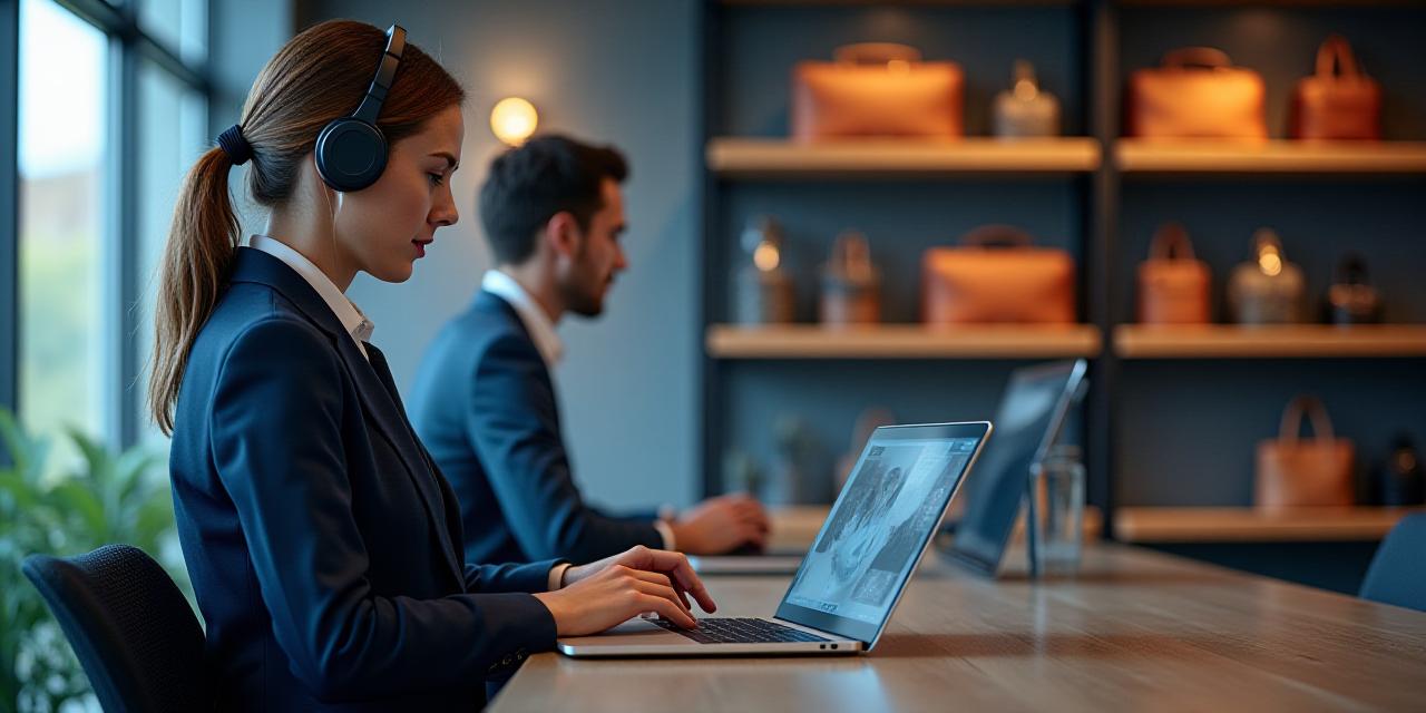 Silk & Compass customer support team working in a modern studio environment with premium bags and watches visible in the background
