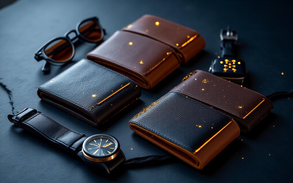 Candid shot of premium leather accessories laid out on a clean dark surface with digital interface overlays representating data protection